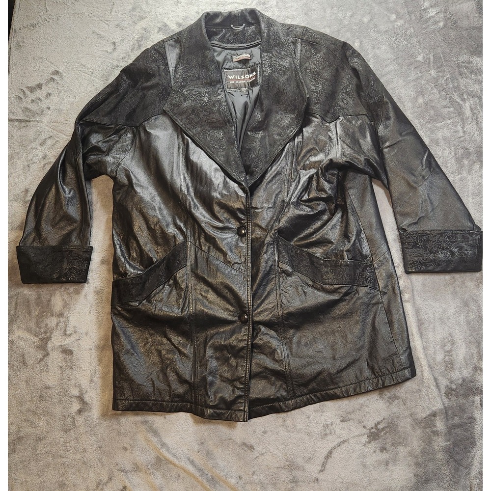Wilsons Leather Jacket Womens Large Black Paisley Car Mid Trench Thinsulate VTG